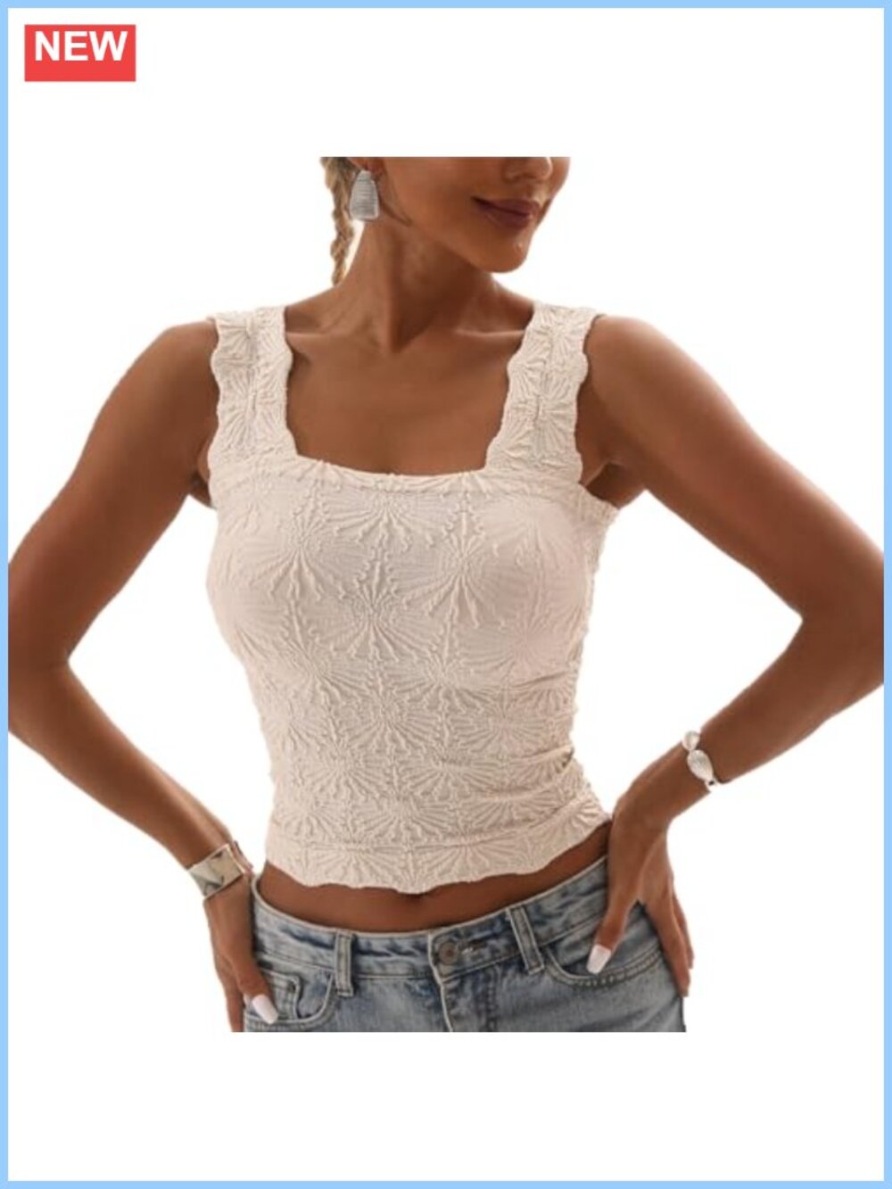 Square Neck Seamless Floral Crop Tank Top Slim Fit Lettuce Trim Cami